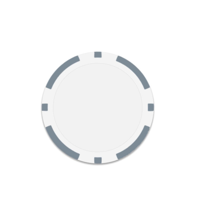 A round poker chip in white with grey markings around the edges. It features a logo in the centre.