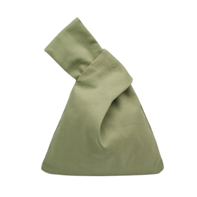 An olive green cotton wrist bag with a unique, folded design and no visible branding.