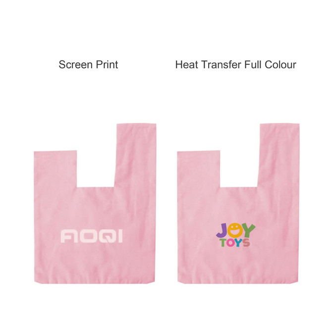 A pink cotton wrist bag featuring a logo on one side, with a simple design and open top.