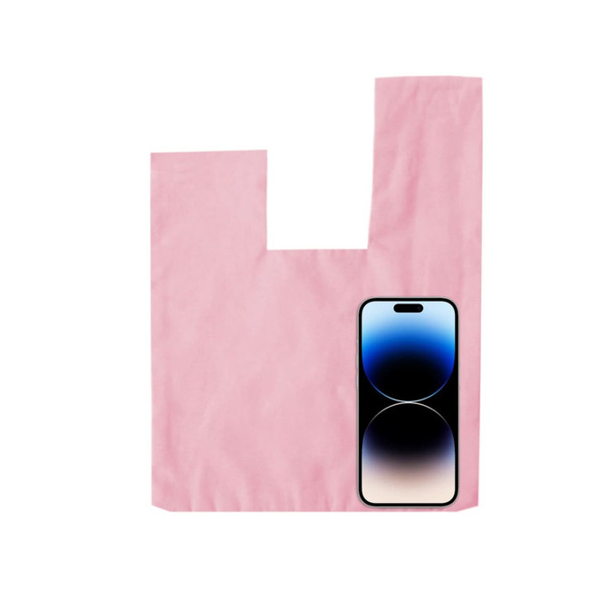 A pink cotton wrist bag displayed alongside a smartphone, featuring a simple design and a branding logo.