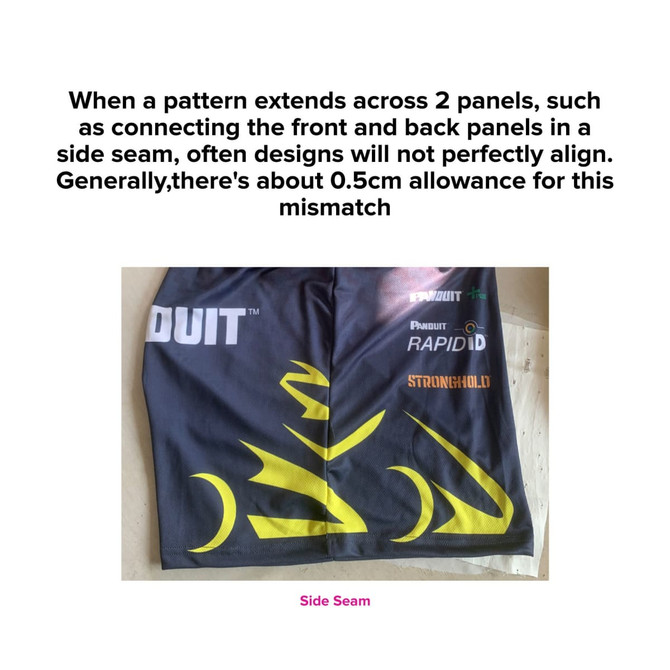 A black polo shirt with yellow designs and a logo, featuring a side seam that illustrates a pattern alignment issue.