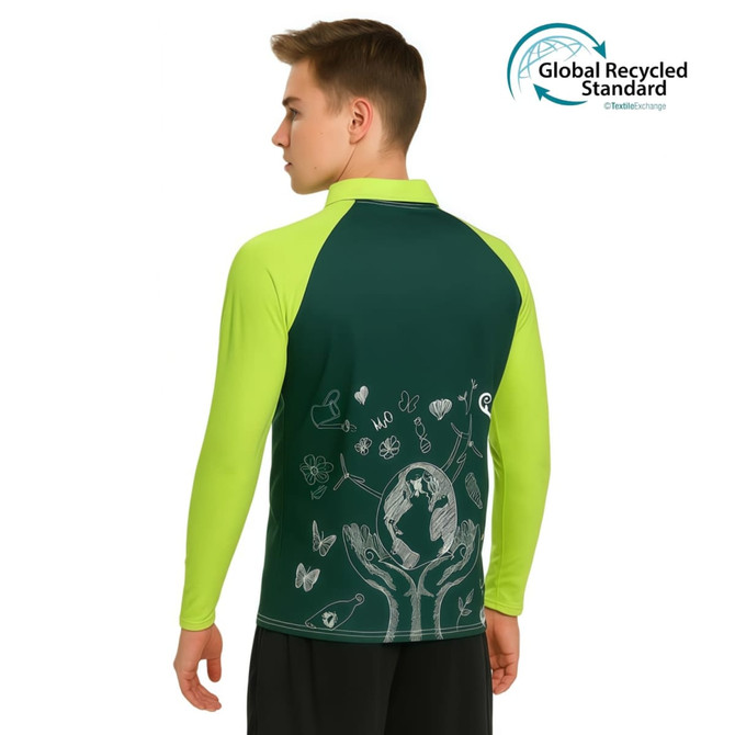 A unisex adults polo shirt in dark green and vibrant lime, featuring a design with nature motifs and a logo.