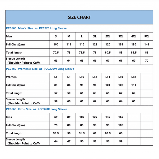 A size chart detailing measurements for men's, women's, and kids' long sleeve shirts in various sizes.