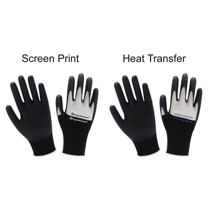 Two pairs of black insulating gloves displayed side by side, featuring different designs on the palms. One pair has screen print, the other has heat transfer.