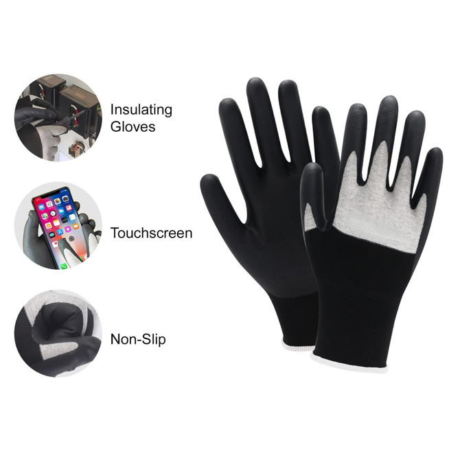 A pair of black touchscreen insulating gloves with a non-slip grip and a logo, displaying five fingers.