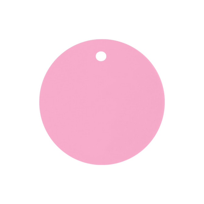 A drink bottle cover in a circular shape, featuring a pink colour and a hole for attaching.