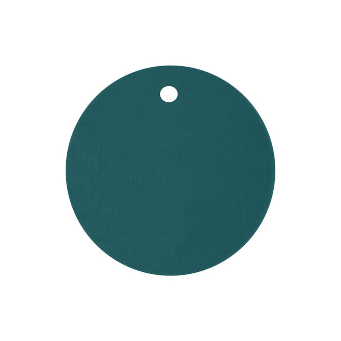 A drink cover in a deep teal colour, circular with a hole at the top, featuring a simple design.
