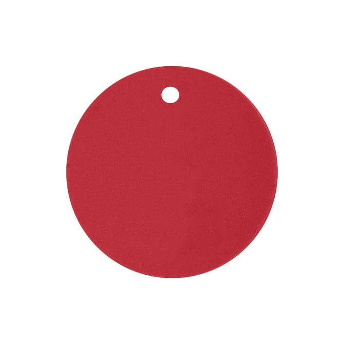 A drink cover in a solid red colour, featuring a hole for easy attachment.