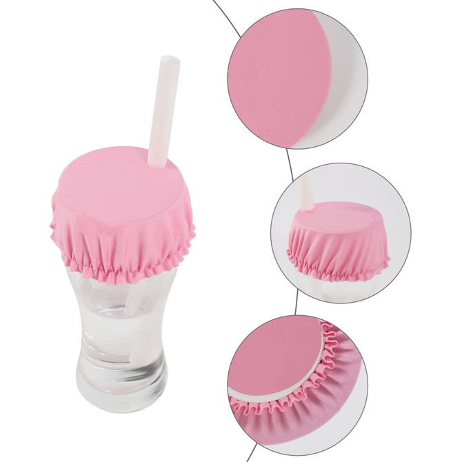 A drink bottle with a pink anti-spike cover and a straw, featuring a gathered design and a transparent glass.