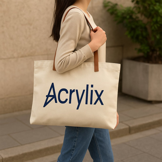 A cream canvas bag with brown leather straps, featuring a blue logo on one side, being carried by a person.