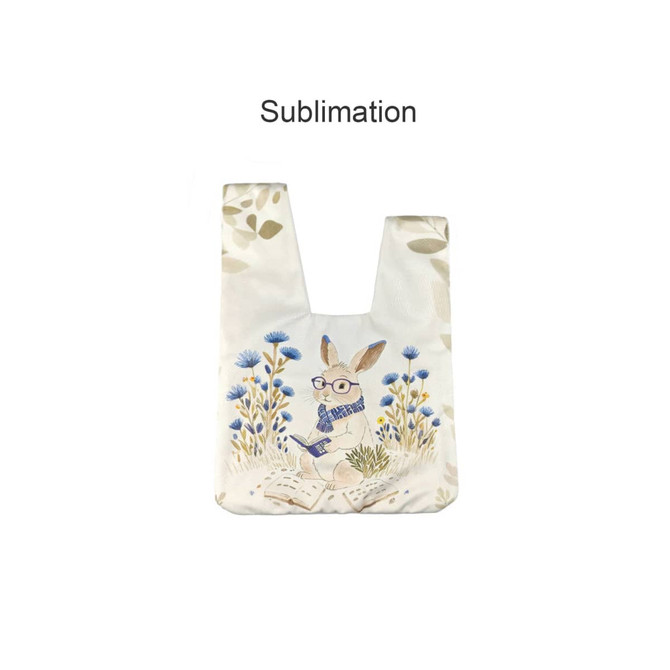 A sublimation wrist bag featuring a rabbit illustration among blue flowers on a white background. It has a logo.