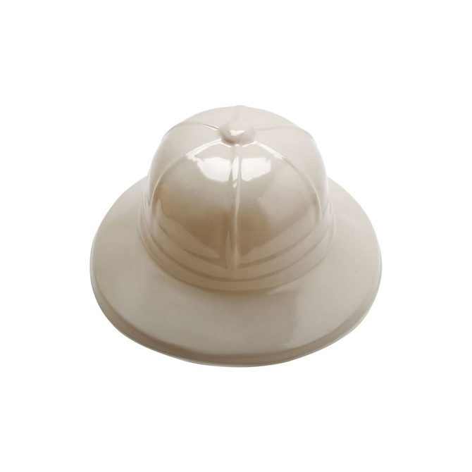 A beige PVC safari hat with a wide brim and rounded crown, featuring a logo.
