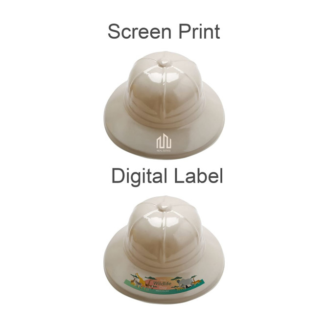 A PVC safari hat in a light beige colour, featuring two different label styles. The hat has a logo.