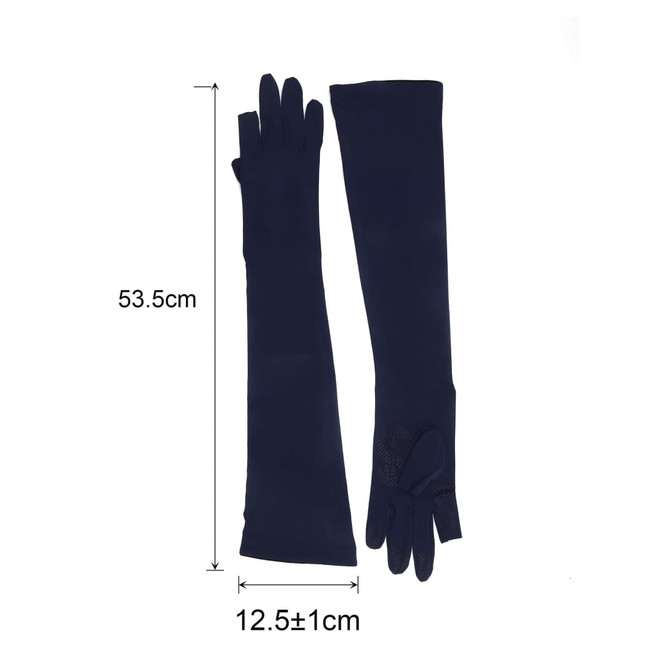 Long sleeve, navy sun protective gloves featuring two open fingers, shown laid flat for display.