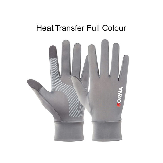 A pair of grey full finger gloves with a textured palm, featuring a logo on the wrist.
