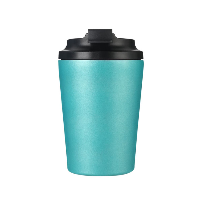 A drink bottle featuring a turquoise spray-painted stainless steel exterior and a black lid, with branding visible.