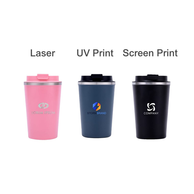 A drink bottle with a lid, available in pink, blue, and black, featuring different printing methods and logos.