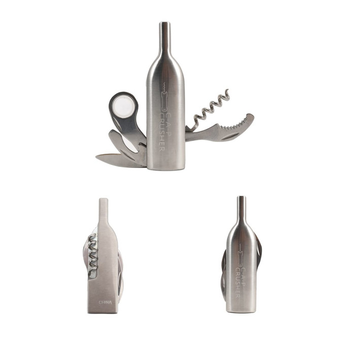 A drink bottle opener in a wine bottle design, featuring stainless steel with multiple tools including a corkscrew and bottle opener.