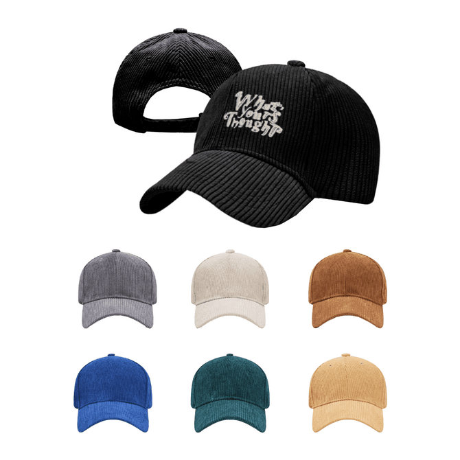 A corduroy baseball cap featuring a logo, available in black, grey, beige, brown, blue, green, and yellow.