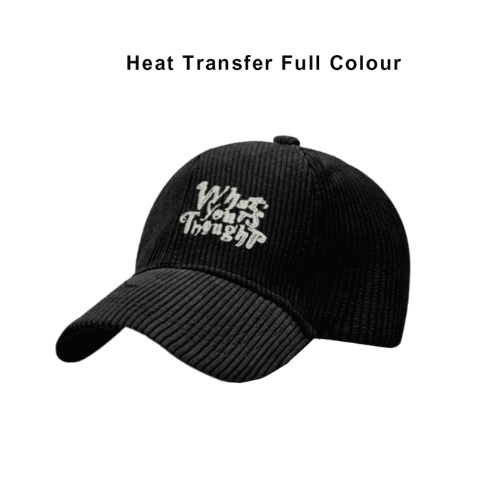 A black corduroy baseball cap featuring a logo on the front and a curved brim.