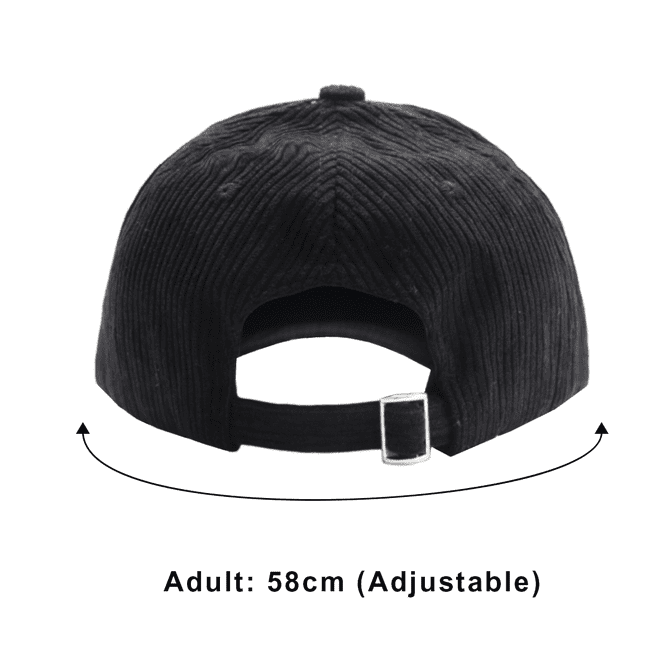 A corduroy baseball cap in black with an adjustable strap at the back and a logo.