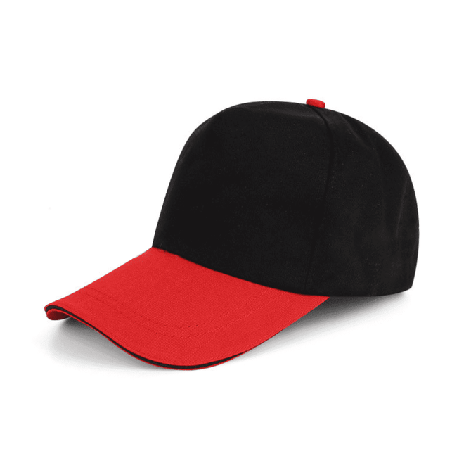A black cap with a red bill featuring a branded logo on the front.