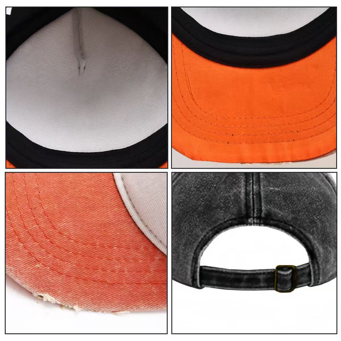 A distressed cotton baseball cap featuring an orange brim, black detailing, and a suitable adjustable strap at the back.