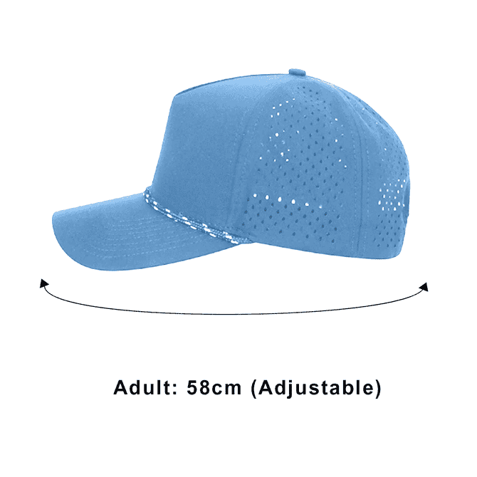 A blue mesh back performance rope cap featuring an adjustable fit and perforated design for breathability.