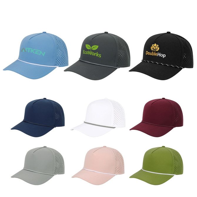 A selection of nine 5 Panel Mesh Back Performance Rope Caps in various colours, featuring logos and ventilation.