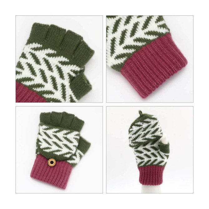 Fingerless gloves in green and white with a pink cuff and a button detail, featuring a jacquard pattern.