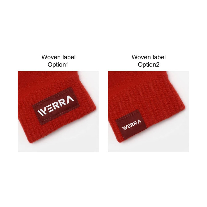 A pair of red knitted fingerless gloves featuring two different woven label designs.