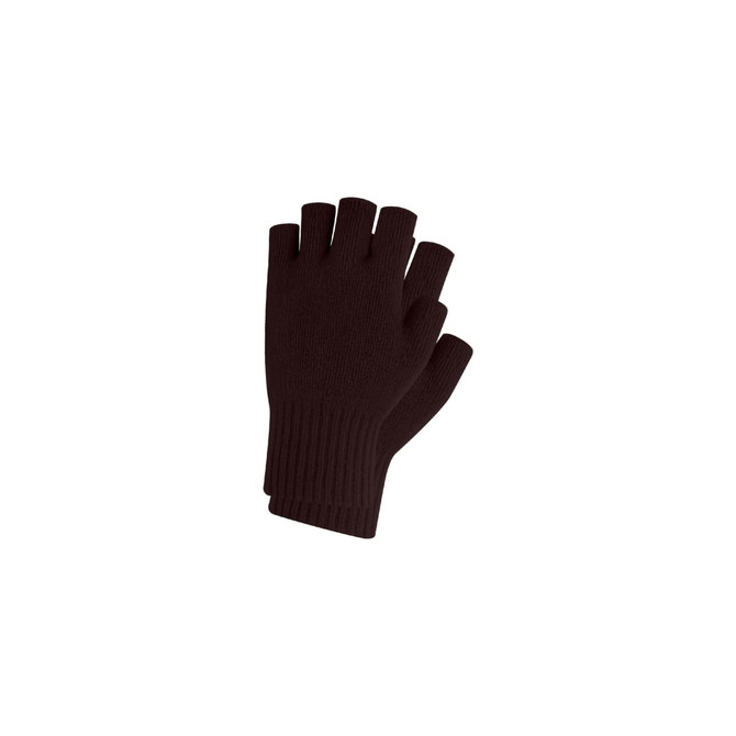 A pair of brown knitted fingerless gloves with a ribbed wrist. Features a woven label.