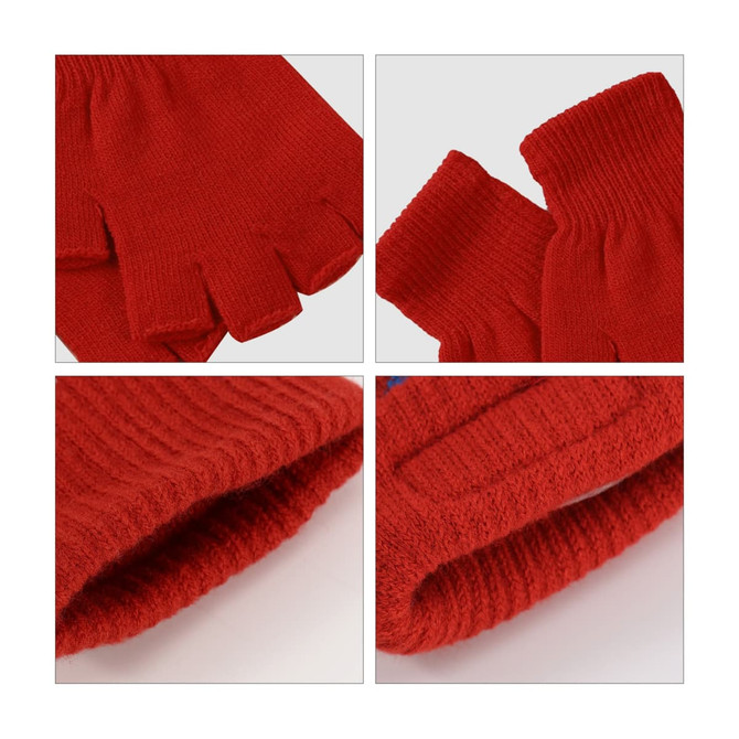 Red fingerless gloves with a knitted texture and woven label, featuring an open fingertip design.
