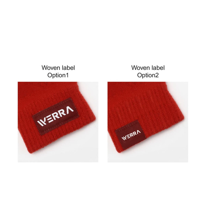 A pair of red knitted fingerless gloves featuring two options for a woven label.