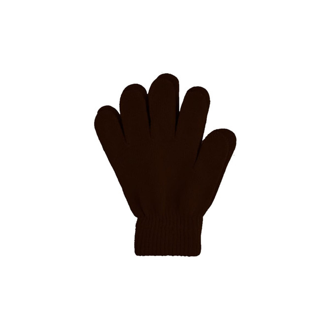 A pair of brown knitted gloves with a ribbed cuff and a woven label.