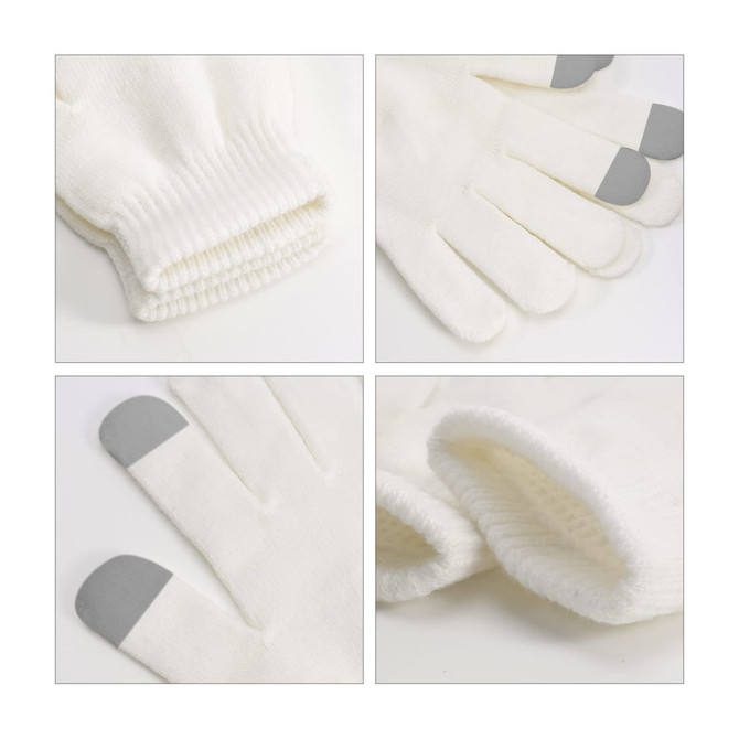 A pair of plain white knitted gloves with grey tips, featuring a woven label and a soft cuff.