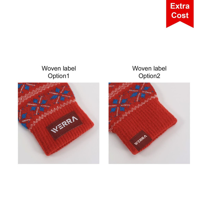 A pair of red Jacquard fingerless gloves featuring blue snowflake designs and woven labels.