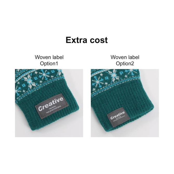 A pair of kids' jacquard gloves in teal, featuring a woven label and colourful patterned design.