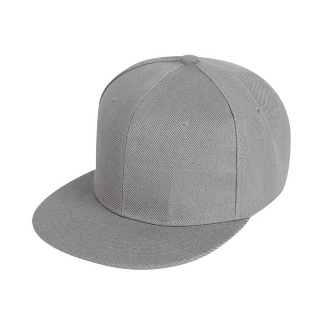 A grey 6 panel trucker cap featuring a flat brim and a structured crown with a logo.