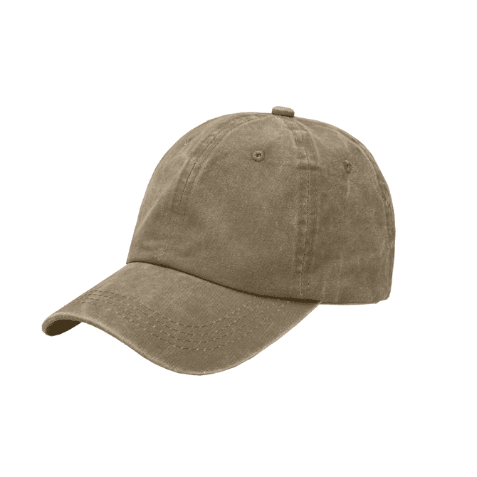 A vintage washed baseball cap in a tan colour, featuring a slightly worn texture and a logo on the side.