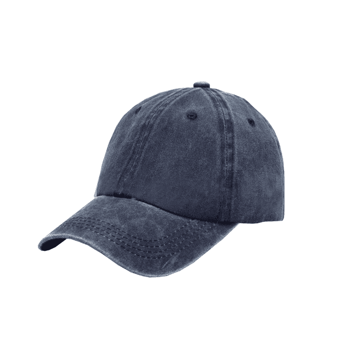 A vintage washed baseball cap in navy blue with a curved brim and an adjustable back. Features a logo.