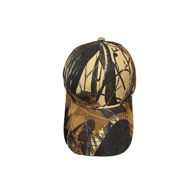 A six-panel cap in true timber camouflage featuring shades of brown, black, and tan. It includes a branding logo.