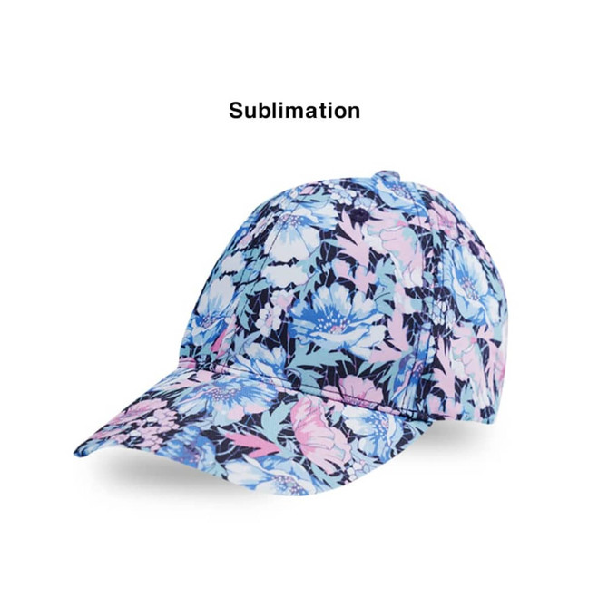 A floral-patterned 6 panel custom cap featuring shades of blue, pink, and white, with a logo on the front.