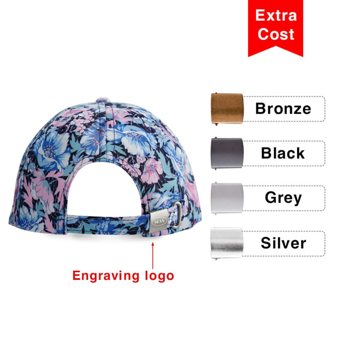 A floral-patterned 6-panel custom cap in blue, pink, and purple, featuring an adjustable back and a logo.