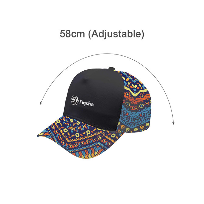 A custom cap featuring a black front and a vibrant, patterned brim. Adjustable size with a logo on the front.