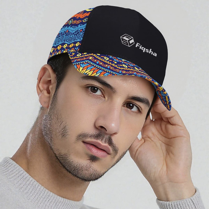 A custom 5-panel cap in black with a vibrant patterned brim and a logo on the front.
