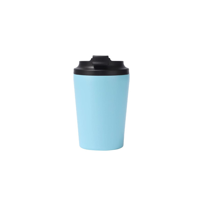 A 350ML powder-coated stainless steel coffee mug in light blue with a black lid and a logo.