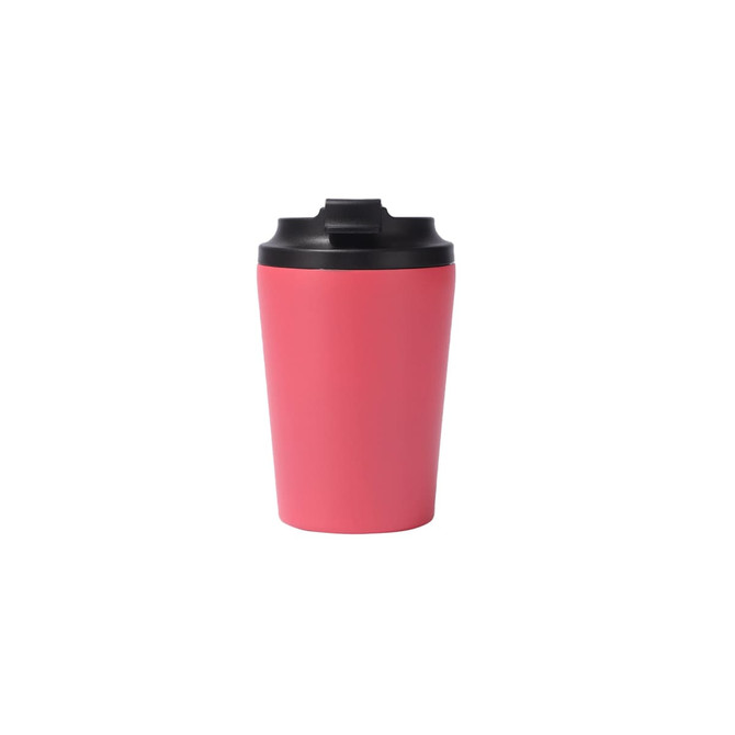 A pink 350ML powder coated stainless steel coffee mug with a black lid, featuring a logo.