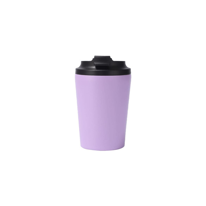 A powder-coated stainless steel coffee mug in lavender with a black lid and a logo.