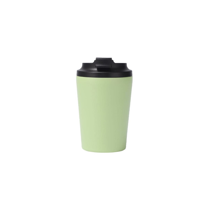 A powder-coated stainless steel coffee mug in a light green colour with a black lid and logo.